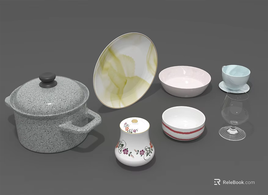 Ceramic Dinnerware Set With Pot Plate Bowls Cups And Glass For Home Dining Use 3d model 