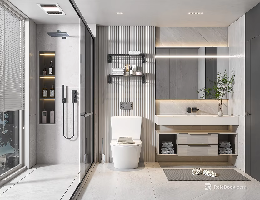 Modern Bathroom Interior Design With Glass Shower Toilet Vanity Mirror And Striped Walls 3d model 
