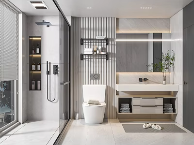 Modern Bathroom Interior Design With Glass Shower Toilet Vanity Mirror And Striped Walls 3d model