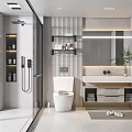 Modern Bathroom Interior Design With Glass Shower Toilet Vanity Mirror And Striped Walls