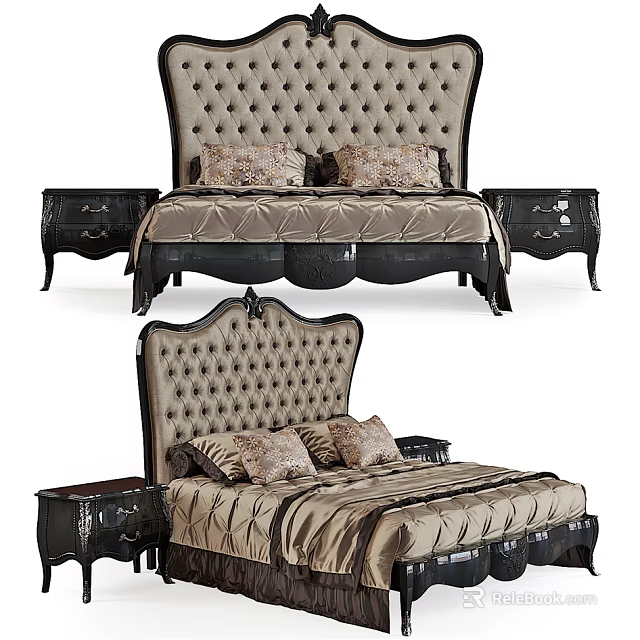 Elegant Double Bed With Tufted Headboard Black Frame And Nightstands 3d model 