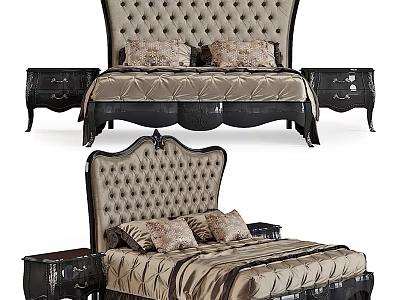 Elegant Double Bed With Tufted Headboard Black Frame And Nightstands 3d model