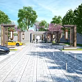 Garden Landscape With Parking Area Greenery Trees And Paved Ground Design 3d model