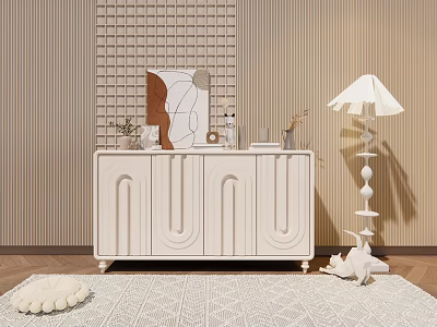 White Modern Console Table with Decorative Doors Ornaments Floor Lamp and Rug by Wooden Wall 3d model