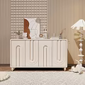 White Modern Console Table with Decorative Doors Ornaments Floor Lamp and Rug by Wooden Wall