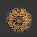 Ornate Round Shield With Golden Brown Surface And Silver Edged Spiral Center Design