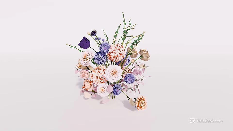Elegant Floral Display With Purple Pink Beige Flowers And Green Foliage 3d model 