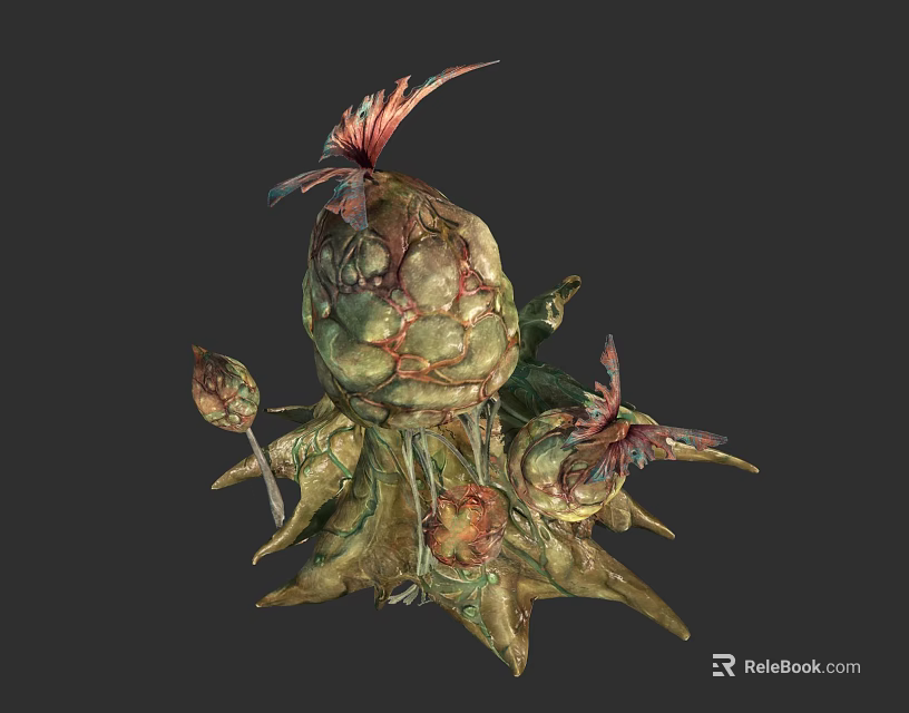 Strange Plant Featuring Green Main Body Red Pink Flower Like Structures and Bottom Root Parts 3d model 