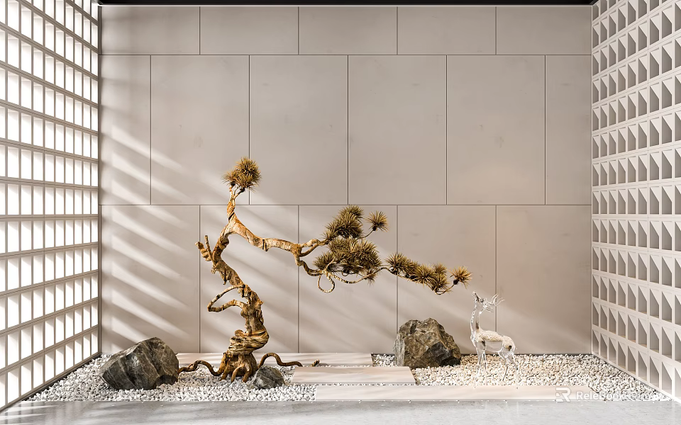 Indoor Landscape With Decorative Pine Tree Stones Deer Figurine And Lattice Walls 3d model 