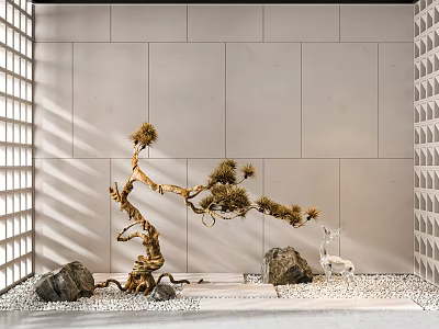 Indoor Landscape With Decorative Pine Tree Stones Deer Figurine And Lattice Walls 3d model