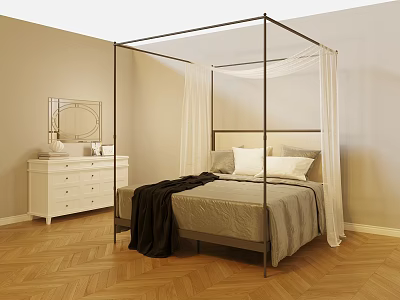 Black Metal Canopy Double Bed with White Curtains Dresser and Round Mirror on Wooden Floor 3d model