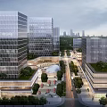 Modern Industrial Park With High Rise Glass Facade Buildings Night Lighting Greenery And Roads