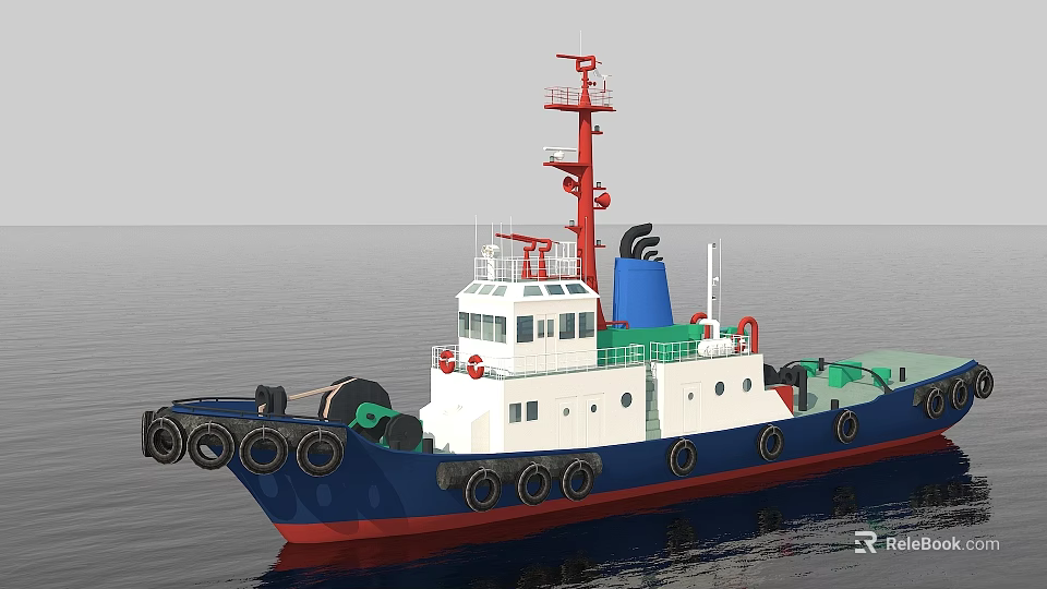 Blue And White Tugboat With Red Mast Blue Chimney And Fenders Sailing On Ocean 3d model 
