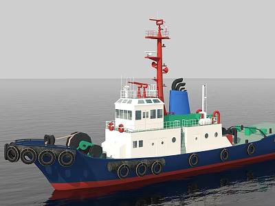 Blue And White Tugboat With Red Mast Blue Chimney And Fenders Sailing On Ocean 3d model