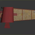 Red Chicken Coop Building With Red Roof And Enclosed Fenced Area With Straw Bedding