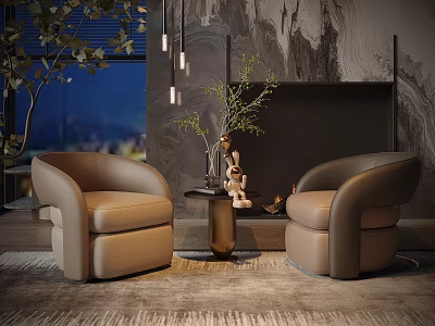 Modern Beige Single Sofa Pair with Small Table Green Plant and Night View 3d model