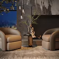 Modern Beige Single Sofa Pair with Small Table Green Plant and Night View 3d model