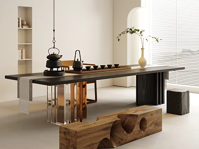 Modern Tea Table with Chairs Wooden Metal Frame Teapot Tea Cups and Vase with Plant 3d model