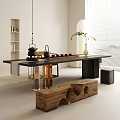 Modern Tea Table with Chairs Wooden Metal Frame Teapot Tea Cups and Vase with Plant