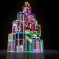 Colorful Neon Light Christmas Tree Shaped Structure With Stacked Gift Layers And Star Top 3d model