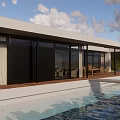 Modern Single Family Villa With Swimming Pool Large Glass Windows And Mountain View