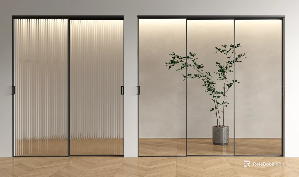 Modern Interior Sliding Doors With Ribbed Clear Glass Panels Potted Plant Wooden Floor 3d model 