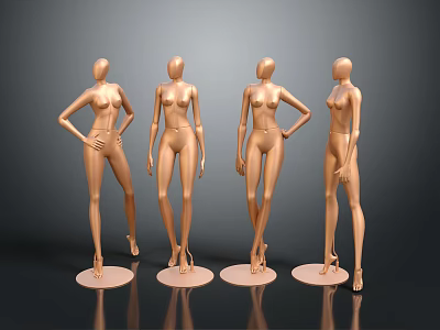 Four Gold Female Mannequins in Different Poses on Round Bases Against Gray Background 3d model