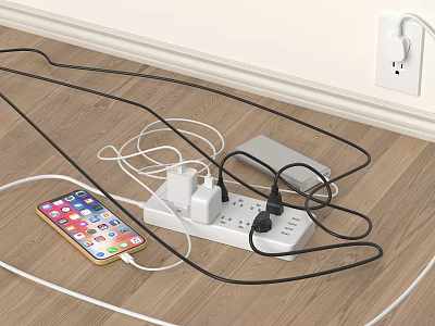 Wall Socket With Cluttered Wires Power Strip Charging Smartphone And Multiple Chargers On Wooden Floor 3d model