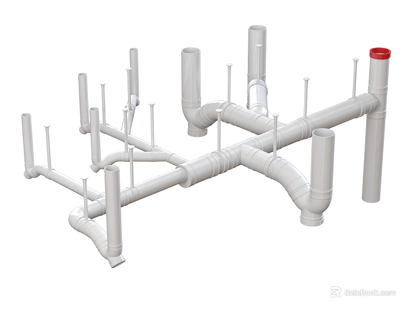 3D Model of Complex Interconnected White Pipes with Red End Layout 3d model 