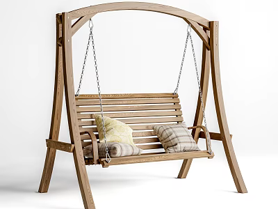 Wooden Swing Chair with Arched Frame Chain Hanging and Yellow Plaid Cushions 3d model
