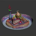 Cartoon Scene Of Colorful Tray With Blue Vase Purple Flowers Dessert Cake And Berries