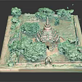 Ancient Architecture Model Featuring Red Pagoda Surrounded By Green Trees And Enclosure 3d model