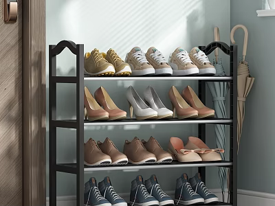 Black Multi Tier Shoe Rack with Sneakers Heels Leather Shoes and Umbrella in Indoor Entryway 3d model