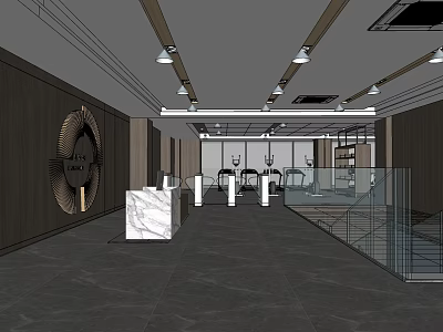 Modern Gym Interior With Marble Reception Desk Fitness Equipment Wooden Walls And Ceiling Lights 3d model