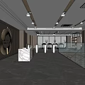 Modern Gym Interior With Marble Reception Desk Fitness Equipment Wooden Walls And Ceiling Lights