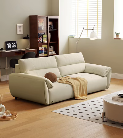 Cozy Living Room Interior With Light Beige Sofa Brown Cushion Yellow Blanket And Wooden Floor 3d model