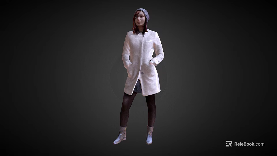Woman Wearing White Long Coat With Hat Black Pants And White Boots 3d model 