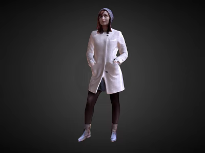 Woman Wearing White Long Coat With Hat Black Pants And White Boots 3d model