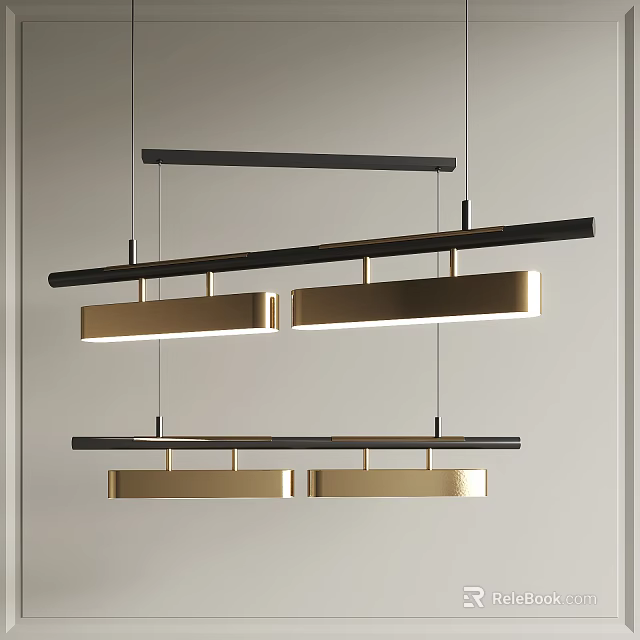 Modern Hanging Chandelier With Black Horizontal Bars And Golden Rectangular Shades 3d model