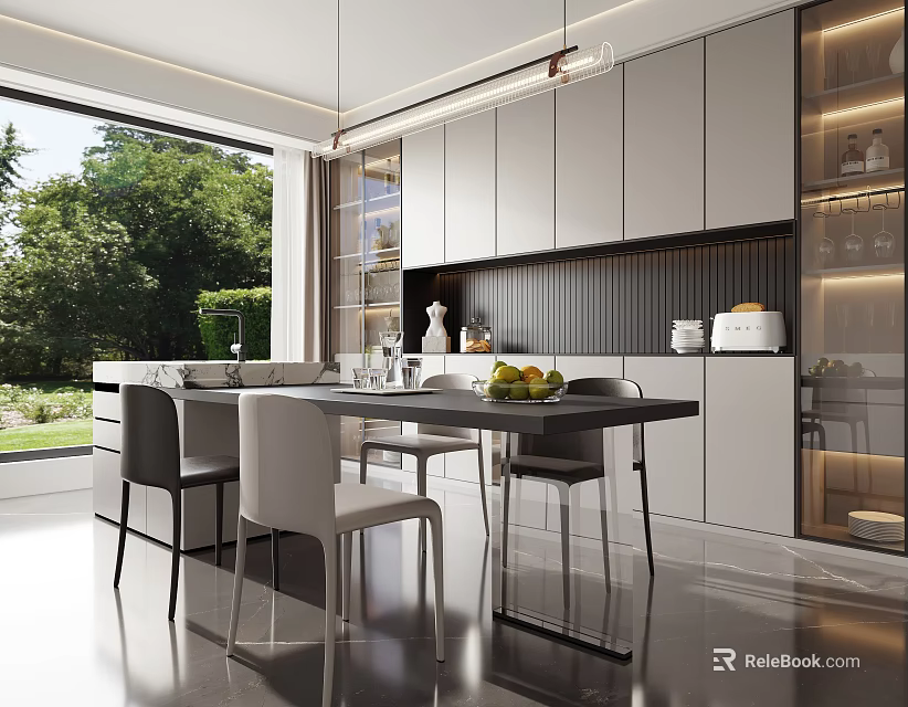 Modern Restaurant Open Kitchen with Dining Table Chairs and Garden View 3d model