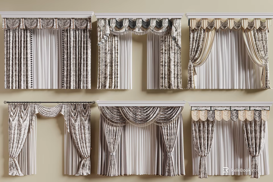 Various Elegant Curtain Styles With Valances And Light Textured Fabric For Home Decor 3d model 