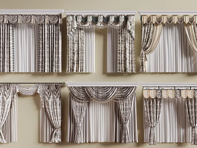 Various Elegant Curtain Styles With Valances And Light Textured Fabric For Home Decor 3d model