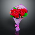 Red Rose Bouquet Wrapped in Purple Paper With Green Leaves Red Berries and Pink Bow