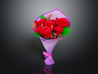 Red Rose Bouquet Wrapped in Purple Paper With Green Leaves Red Berries and Pink Bow 3d model