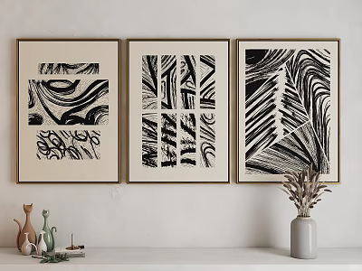Framed Black and White Abstract Paintings with Geometric Patterns on Wall and Decorative Shelf 3d model