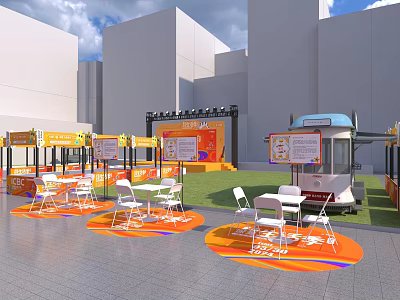 Outdoor Photo Spot With Colorful Market Stalls Tables And Urban Buildings 3d model