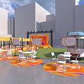 Outdoor Photo Spot With Colorful Market Stalls Tables And Urban Buildings