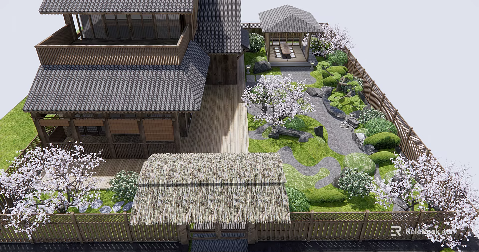 Traditional Japanese Garden Courtyard With Wooden Gazebo Cherry Blossom Trees Stone Pathway And Bamboo Fence 3d model 