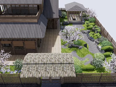 Traditional Japanese Garden Courtyard With Wooden Gazebo Cherry Blossom Trees Stone Pathway And Bamboo Fence 3d model