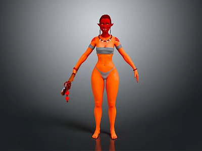 Woman With Orange Skin Red Hair Arm Tattoos Gray Bikini Holding Weapon With Red Decorations 3d model